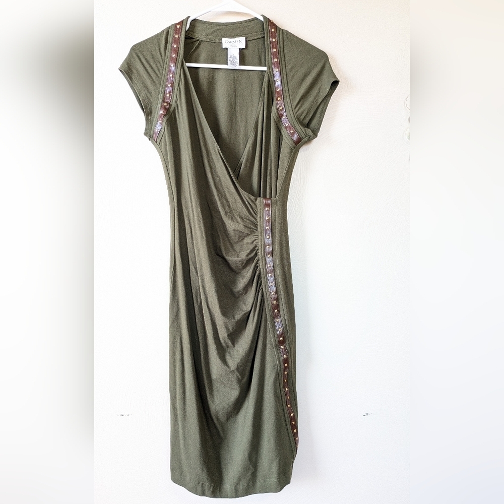CARMEN MARC VALVO Dress, Faux Wrap, Olive Green, Brown Harness Trim, Size S